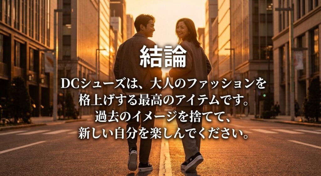 DCシューズは過去のイメージを捨てて新しい自分を楽しめる、大人のファッションを格上げする最高のアイテムであるという結論のスライド