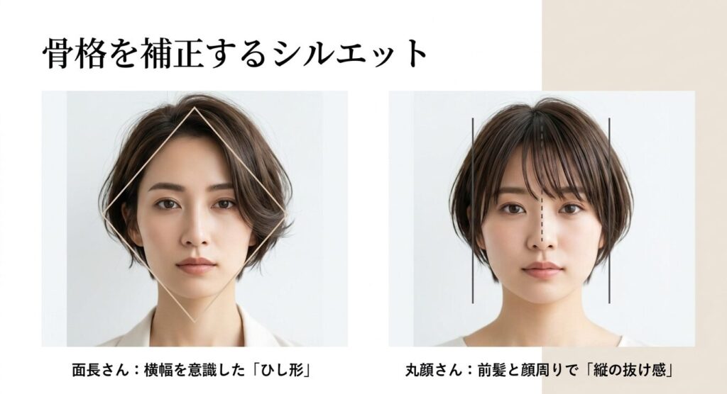 面長さんのひし形シルエットと丸顔さんの縦の抜け感による骨格補正を解説するスライド