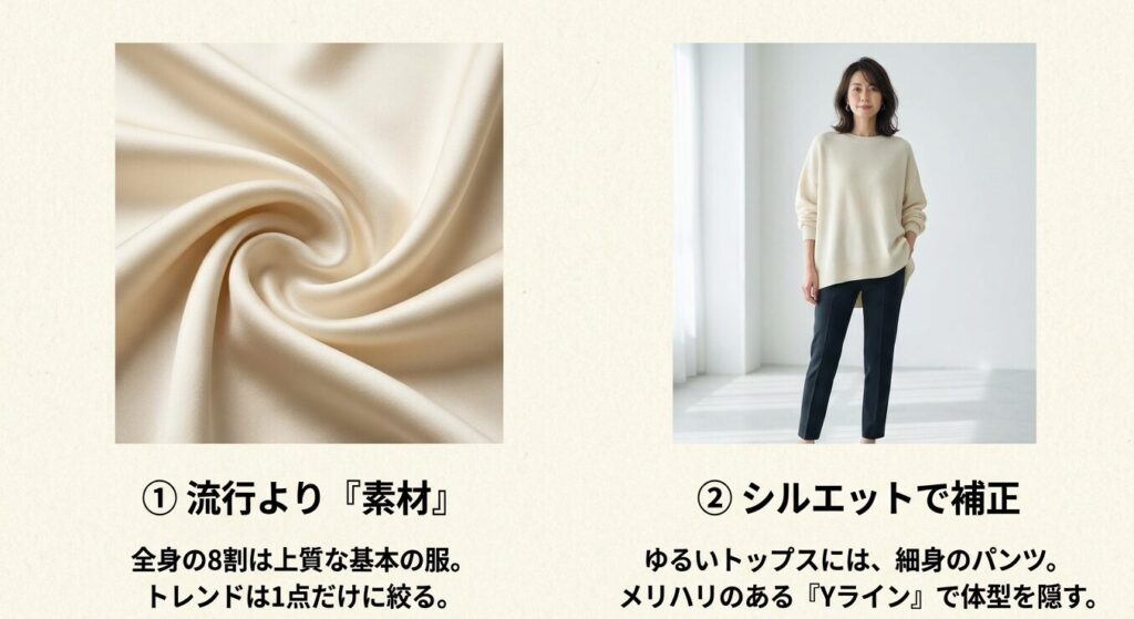 30代・40代に向けた流行より素材を重視する服選びと、メリハリのあるYラインシルエットによる体型補正のアプローチ