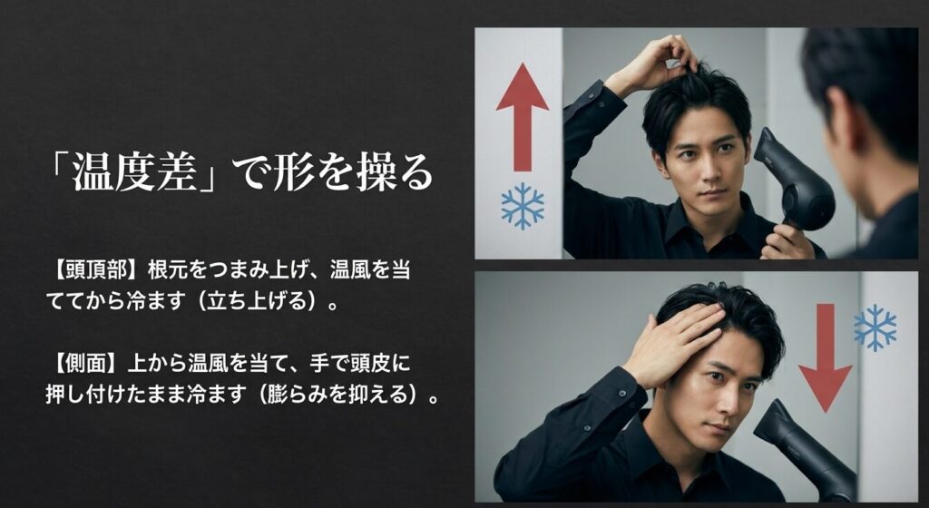 ドライヤーの温風と冷風の温度差を利用し、頭頂部を立ち上げ、側面を押し付けて膨らみを抑える。