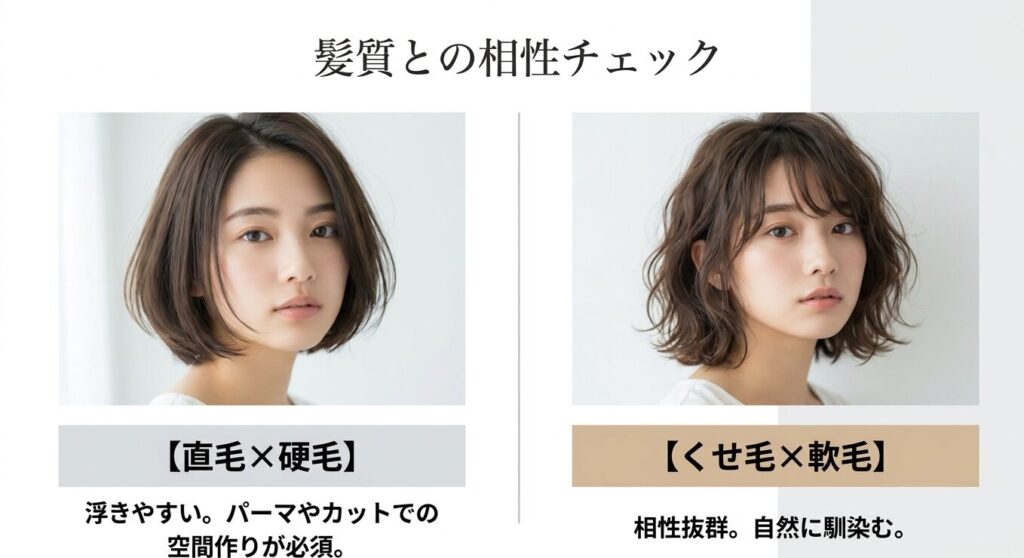直毛×硬毛とくせ毛×軟毛の髪質によるツーブロックとの相性の違いを示すスライド