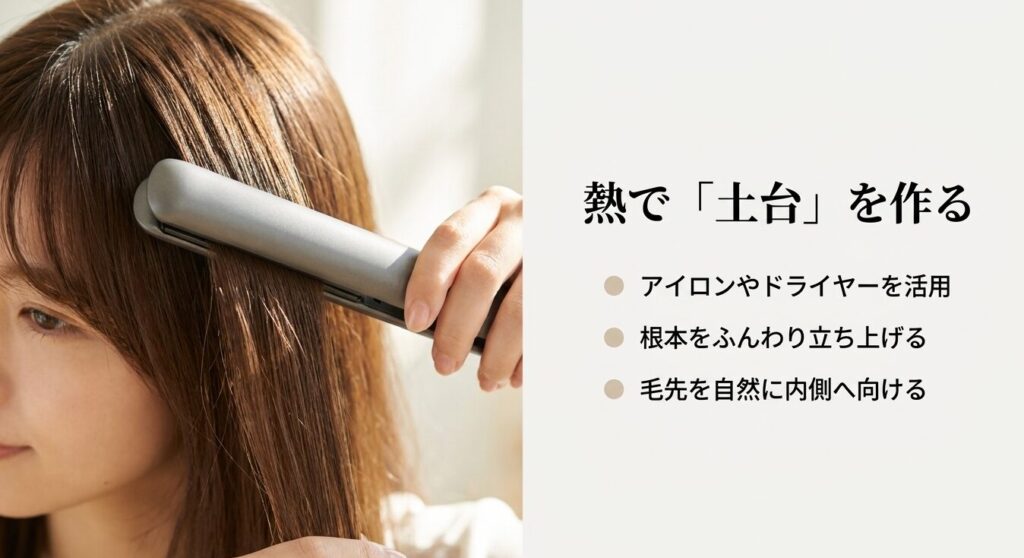 ヘアアイロンやドライヤーの熱を使って根本を立ち上げ、毛先を内側に向けるベース作りのスライド