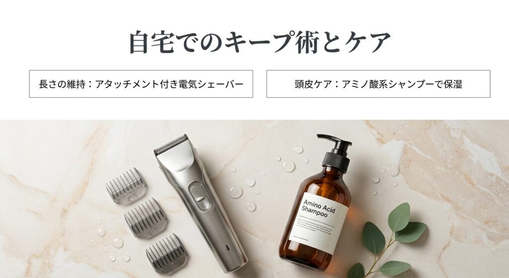 電気シェーバーでの長さ維持とアミノ酸系シャンプーを使った頭皮ケアを紹介するスライド