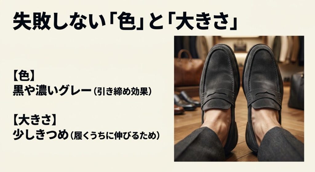 失敗しないモカシンの選び方。引き締め効果のある黒や濃いグレーを選び、履くうちに伸びるため少しきつめのサイズを選ぶ。