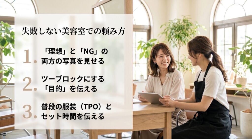 美容室でツーブロックを頼む際の3つのコツ（写真の共有、目的の伝達、ライフスタイルの共有）をまとめたスライド