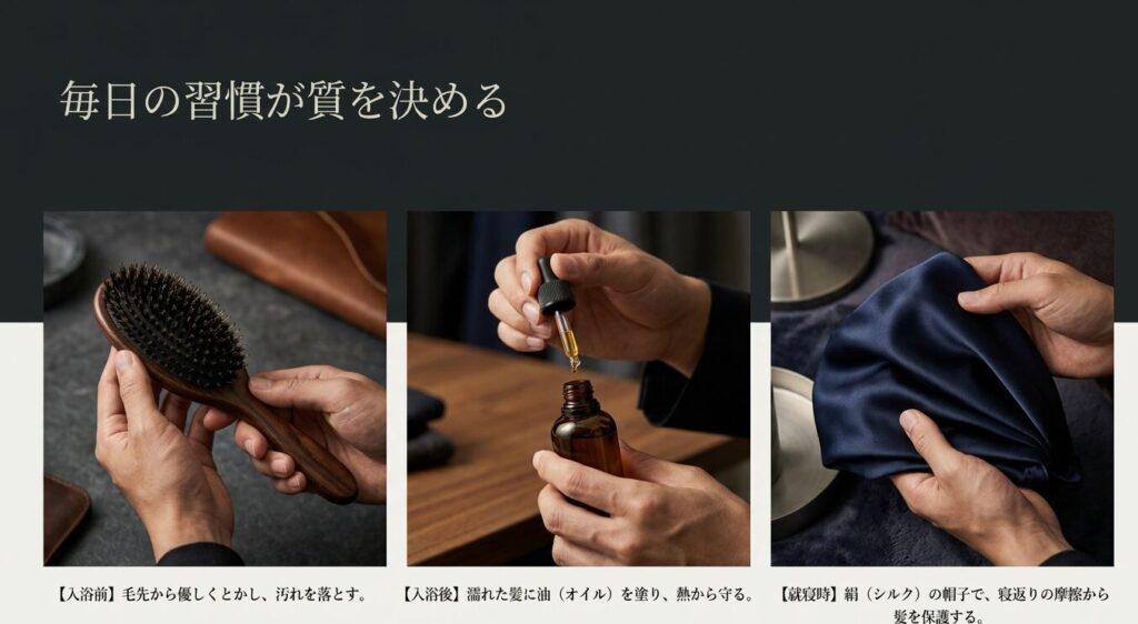 入浴前のブラッシング、入浴後のヘアオイル、就寝時のシルク製帽子など、髪の質を決める毎日の習慣