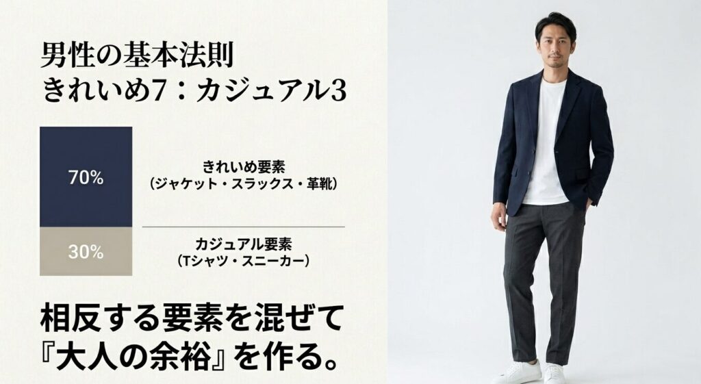男性のファッション基本法則である、きれいめ要素7割・カジュアル要素3割の比率を示す図