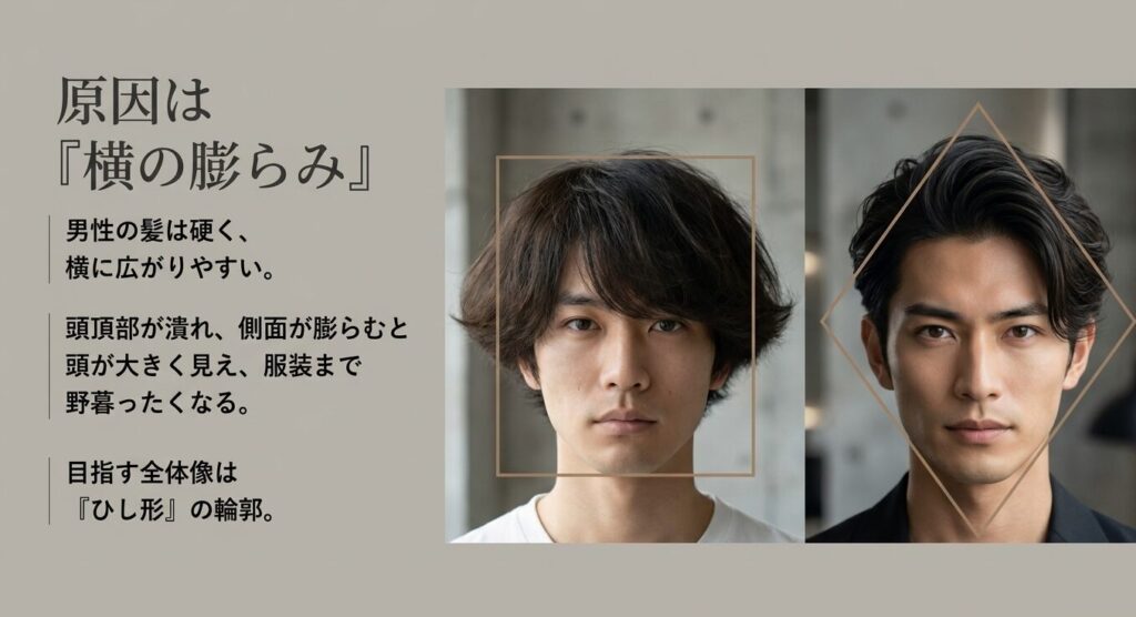 男性の髪は横に膨らみやすい。頭頂部と側面のバランスを取り、ひし形の輪郭を目指す。