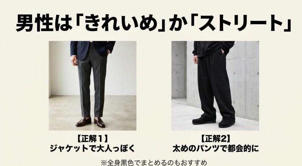 男性のモカシンコーデはきれいめかストリートが正解。ジャケットで大人っぽく、または太めのパンツで都会的に。