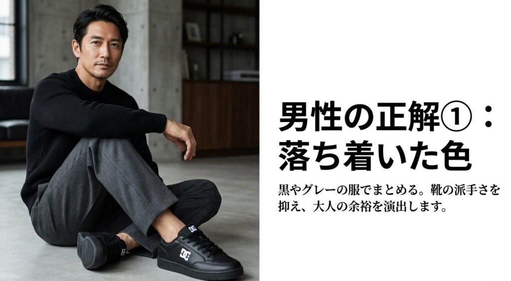 メンズ向けDCシューズの着こなし正解例として、黒やグレーなど落ち着いた色の服でまとめて派手さを抑えるテクニックのスライド