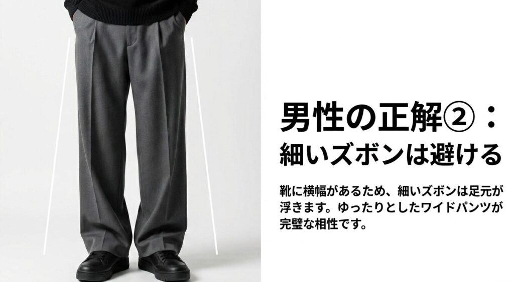 メンズ向けDCシューズには細いズボンを避け、靴の横幅と相性の良いゆったりとしたワイドパンツを合わせるコーデ術のスライド
