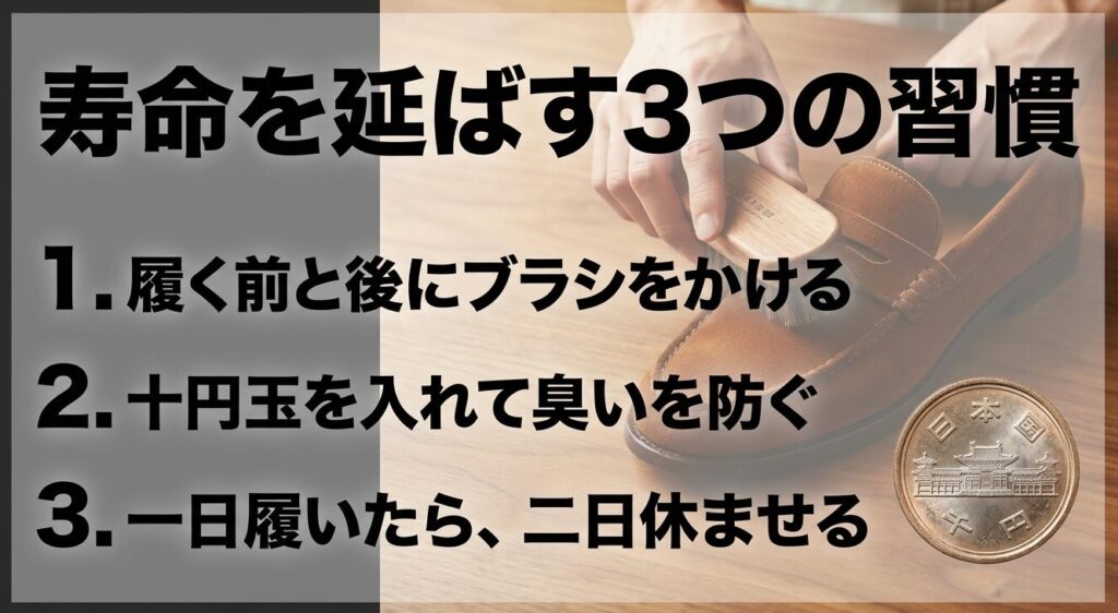 モカシンの寿命を延ばす3つの習慣。履く前後のブラッシング、十円玉での防臭、一日履いたら二日休ませる。