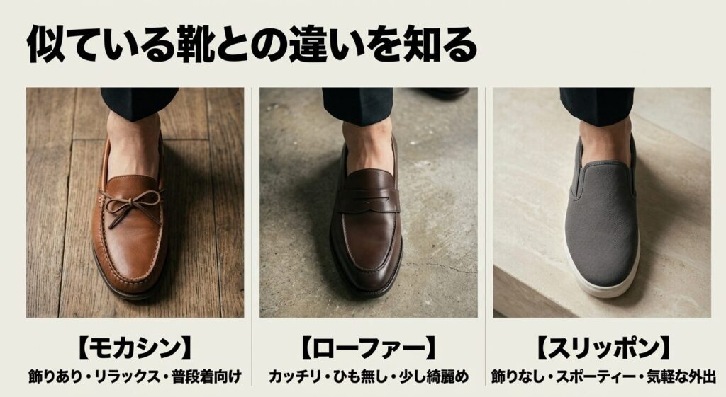 モカシン、ローファー、デッキシューズ、スリッポンの特徴と着用シーンの違い