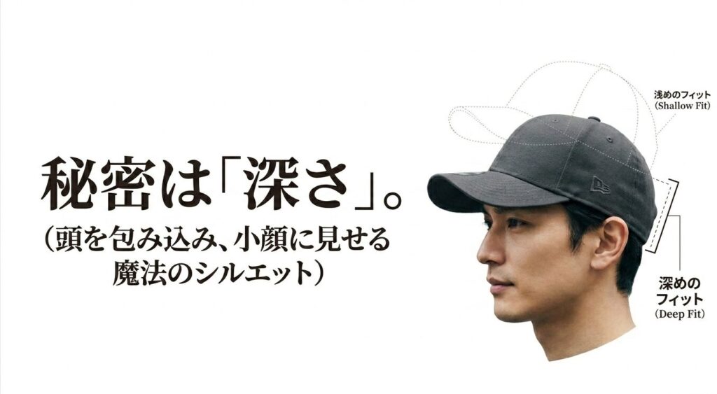 秘密は「深さ」。頭を包み込み、小顔に見せる魔法のシルエット。浅めのフィットと深めのフィットの比較画像
