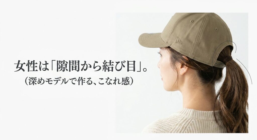 女性は「隙間から結び目」。深めモデルで作る、こなれ感のあるポニーテールスタイル