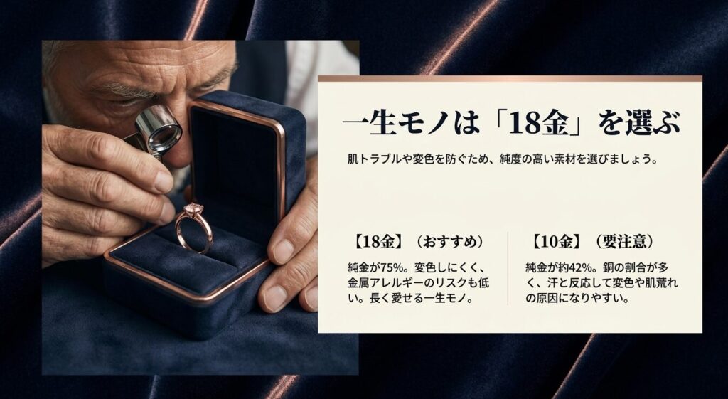 肌トラブルや変色を防ぐため一生モノには純度の高い18金がおすすめである理由