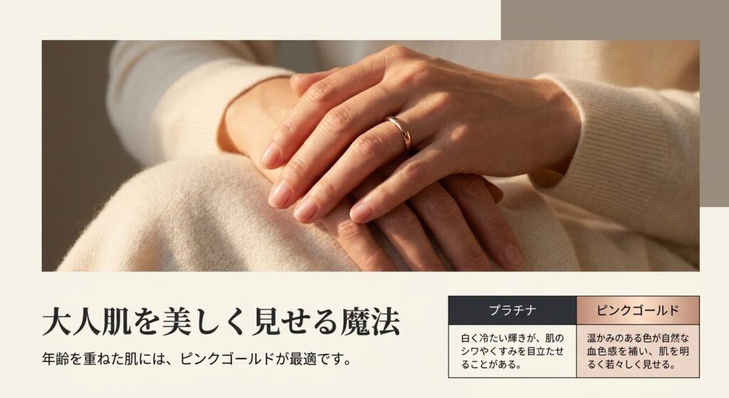 ピンクゴールドの温かみのある色が40代や50代の大人の肌にくすみを飛ばし血色感を与える効果