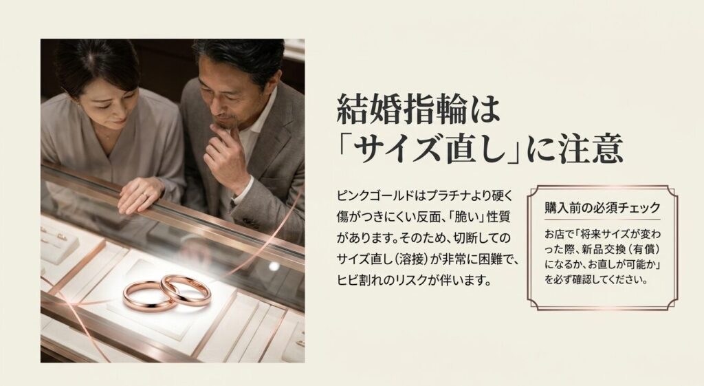 ピンクゴールドは硬くて脆いためサイズ直しが困難であるという注意喚起と購入前の確認事項