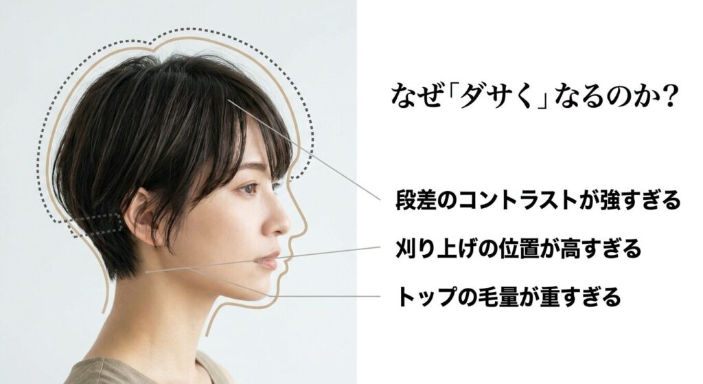 女性のツーブロックがダサくなる原因（段差のコントラスト、刈り上げの位置、トップの毛量）を解説するスライド