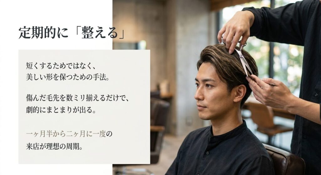 1ヶ月半から2ヶ月に一度、傷んだ毛先を数ミリ揃えるだけで劇的にまとまりが出る。