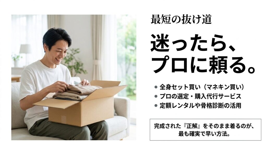 ファッションで迷った時の最短の抜け道として、マネキン買いや定額レンタルなどプロに頼る方法
