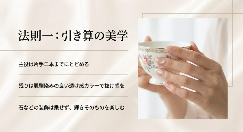 主役は片手二本までにとどめ、透け感カラーで抜け感を出す引き算の美学