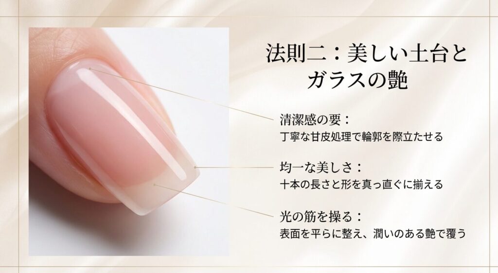 丁寧な甘皮処理や長さを揃えることなど、清潔感の要となる美しい土台とガラスの艶の作り方