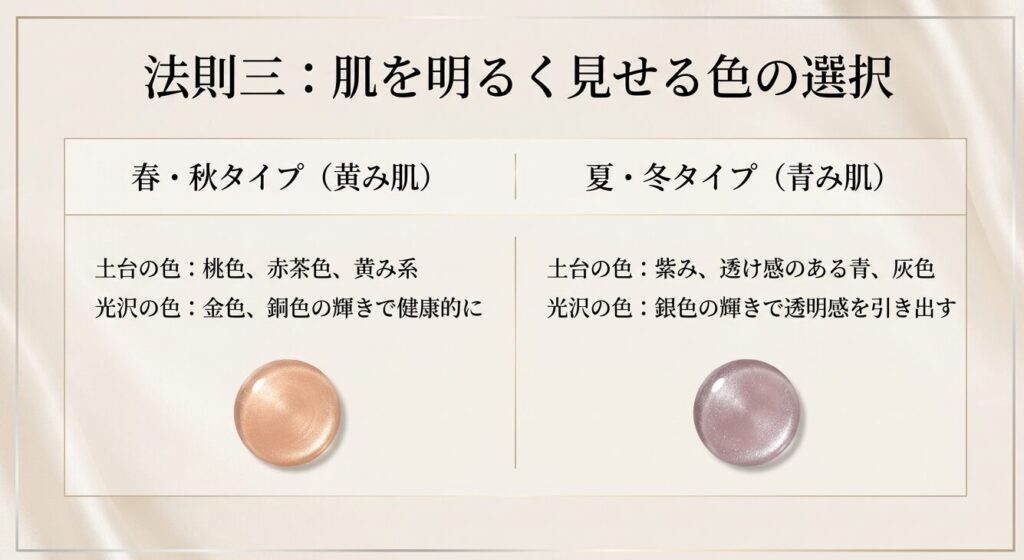イエベ肌(黄み肌)とブルベ肌(青み肌)それぞれに似合うマグネットネイルの色と光沢の選び方