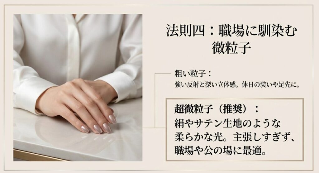 職場や公の場に最適な、絹やサテン生地のような柔らかな光を放つ超微粒子マグネット