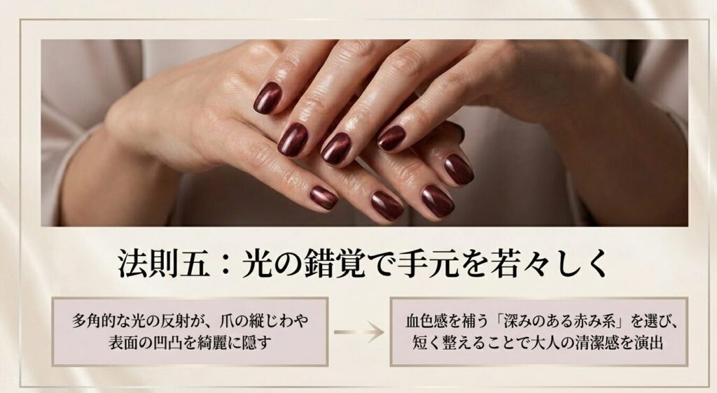 多角的な光の反射で爪の縦じわを隠し、血色感のある色で手元を若々しく見せる法則