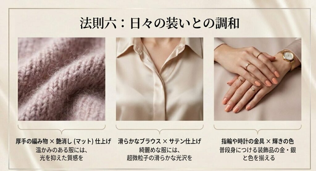 編み物と艶消し仕上げ、ブラウスとサテン仕上げなど、服の素材やアクセサリーとネイルを調和させるコツ