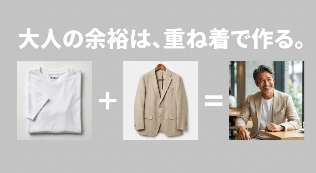 大人の余裕は重ね着で作るという、ルーカのアイテムを活用した40代・50代向けコーディネートの提案