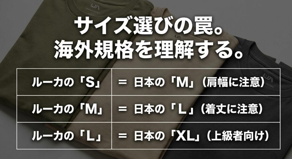 ルーカのサイズ選びの罠として、海外規格を理解するための日本サイズとの比較(S・M・L)を解説するスライド