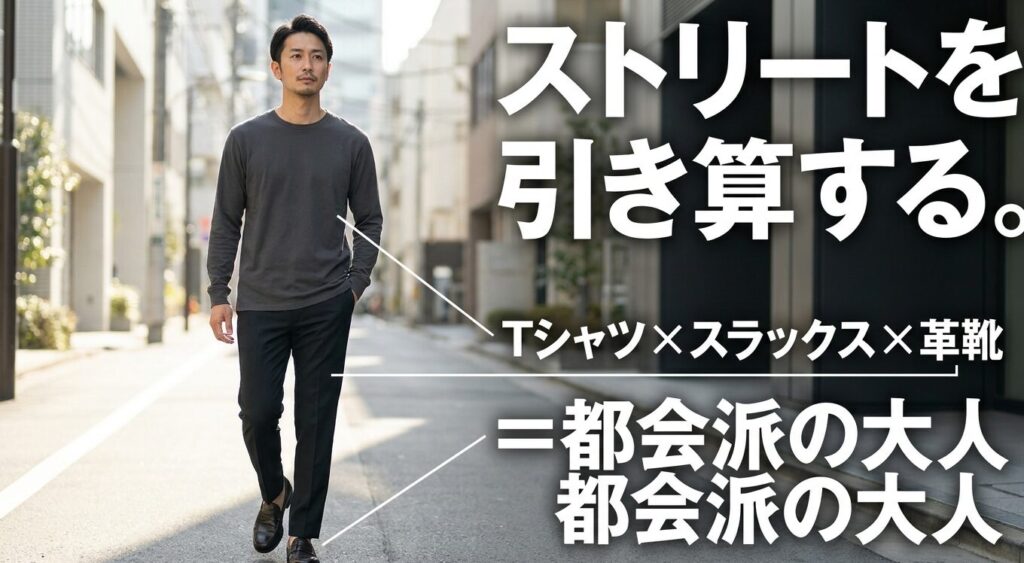 ストリートを引き算し、Tシャツとスラックス、革靴を合わせて都会派の大人を演出する着こなし術