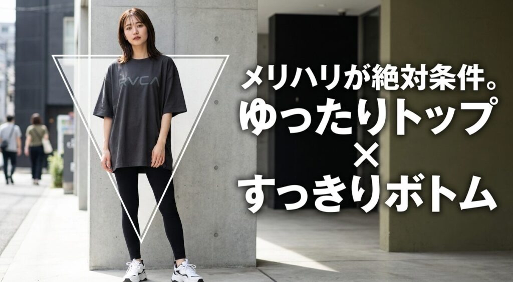 女子向けコーデの絶対条件である、ゆったりトップとすっきりボトムのメリハリや、首・手首・足首を見せて抜け感を生むコツ