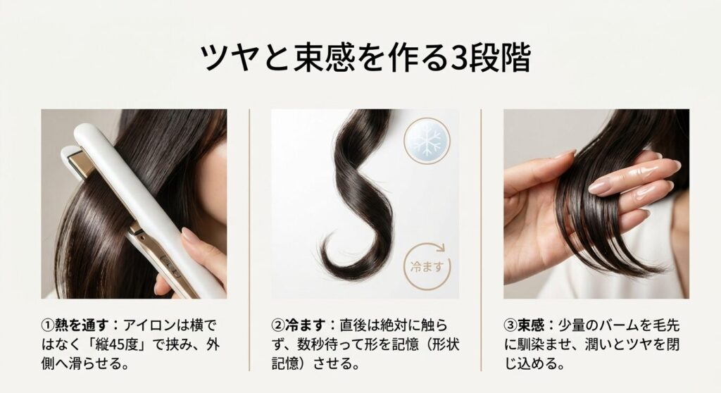 アイロンで熱を通し、冷まして形状記憶させ、バームで束感を作るスタイリングの3ステップ