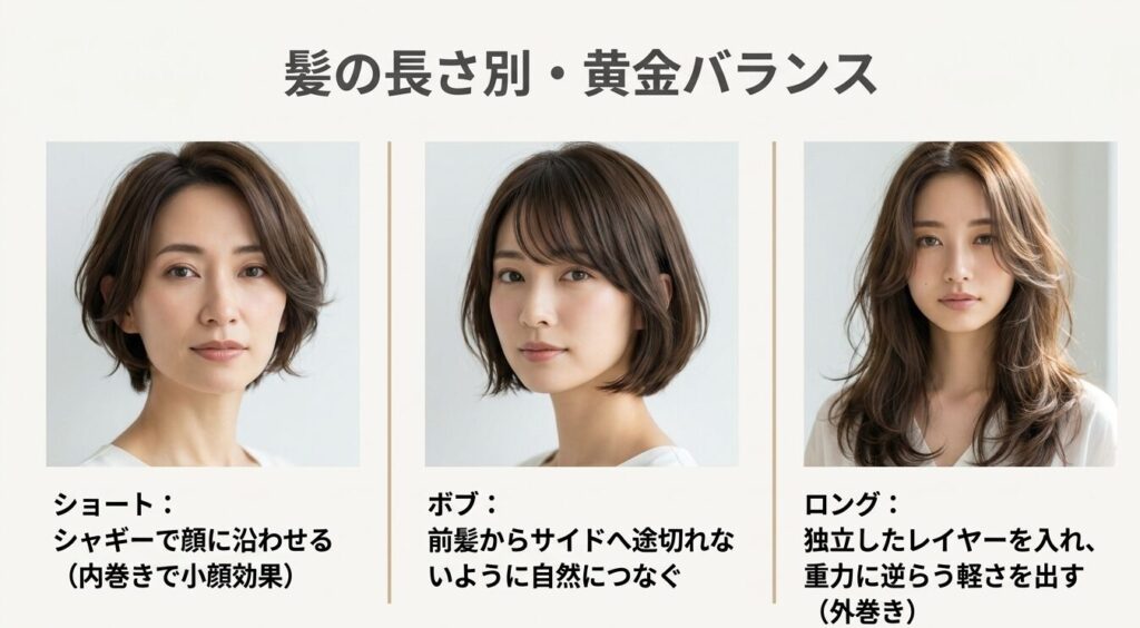 ショート、ボブ、ロングそれぞれの髪の長さに合わせた触覚ヘアの黄金バランスを示すスライド