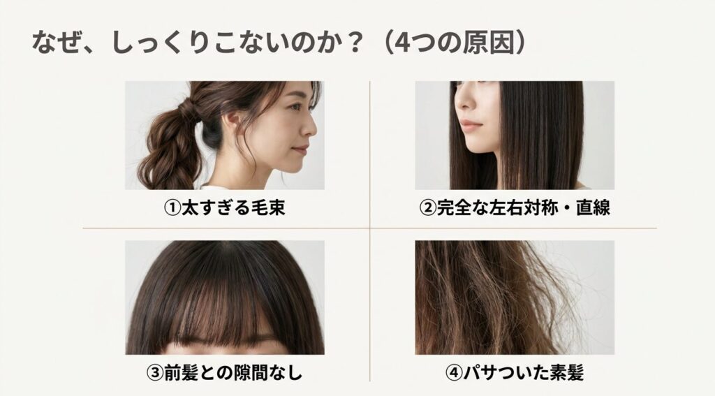 太すぎる毛束、完全な左右対称・直線、前髪との隙間なし、パサついた素髪という、触覚ヘアがしっくりこない4つの原因を示すスライド