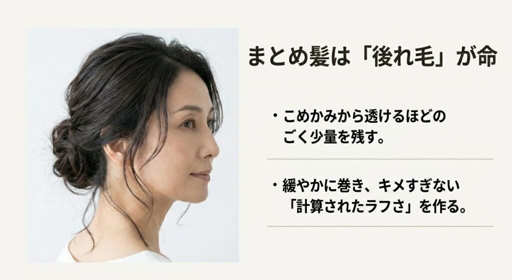 こめかみから透けるほどのごく少量を残し、計算されたラフさを作るまとめ髪の後れ毛テクニック