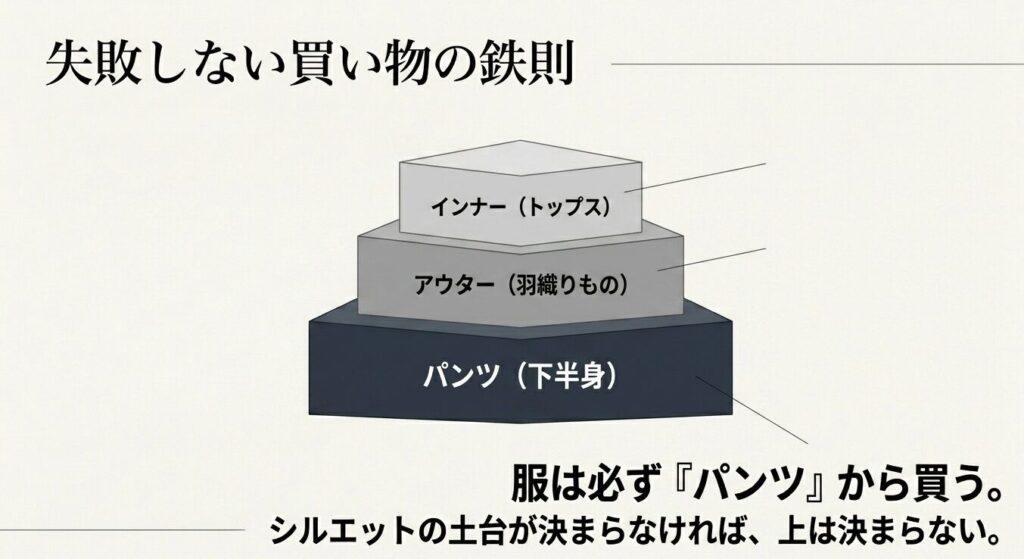 失敗しない服の買い方の鉄則として、下半身のパンツ、羽織りもののアウター、トップスのインナーの順番に揃えるピラミッド図