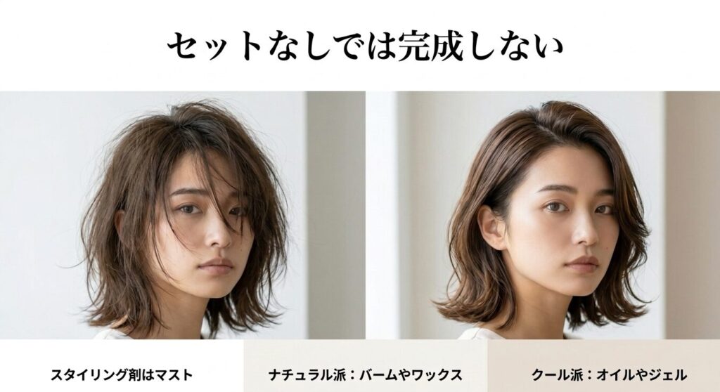 バーム、ワックス、オイルなどスタイリング剤の活用がツーブロックには必須であることを示すスライド