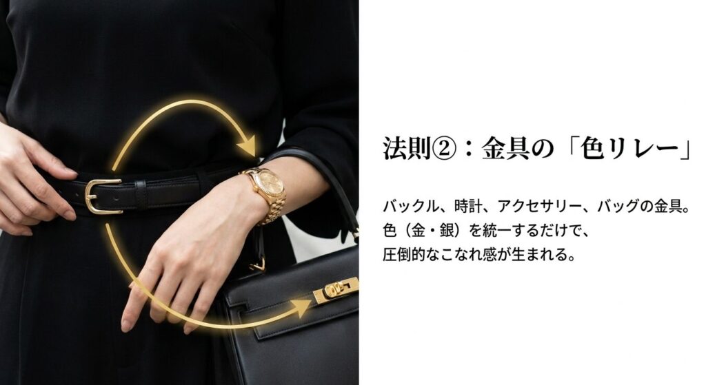 バックルとアクセサリーの金具の色を合わせるテクニック