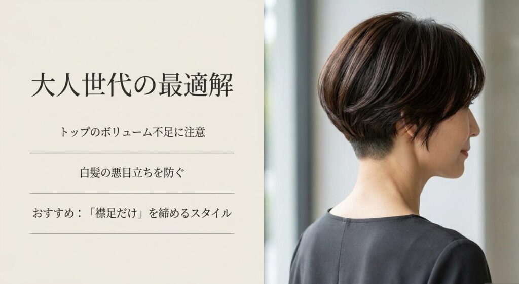 トップのボリューム不足や白髪を防ぎ、襟足だけを締める大人世代向けのツーブロック提案スライド