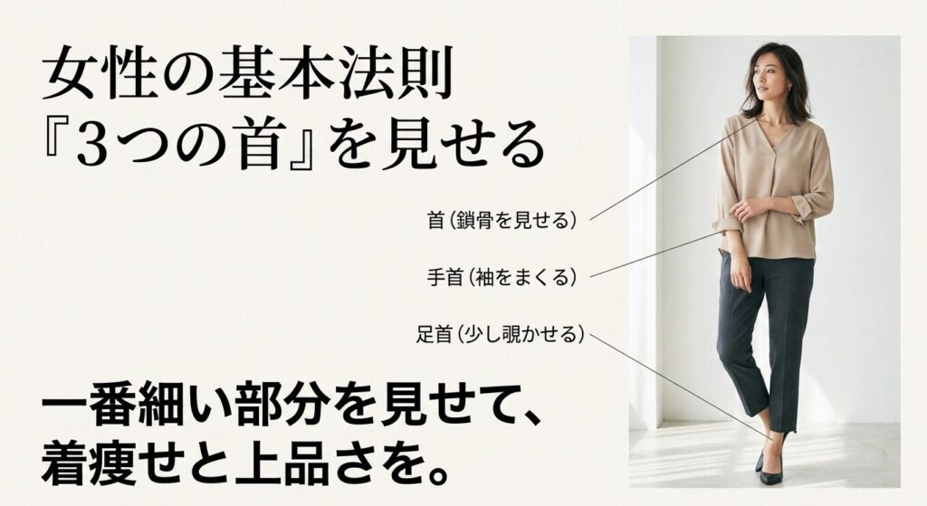 女性のファッション基本法則である首、手首、足首の「3つの首」を見せて着痩せと上品さを出す着こなし例