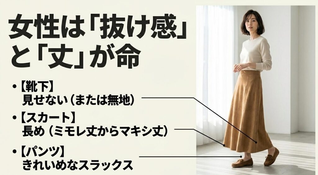 女性のモカシンコーデは抜け感と丈が命。靴下は見せないか無地、長めスカートやきれいめスラックスを合わせるのが正解