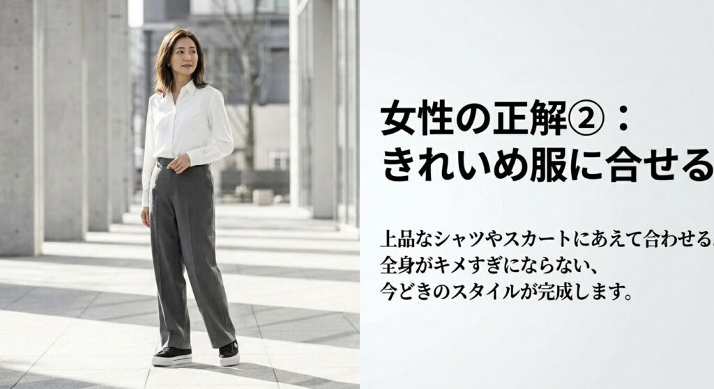 レディース向けDCシューズにあえて上品なシャツやスカートなどきれいめな服を合わせることで、今どきのスタイルが完成するコーデ術のスライド