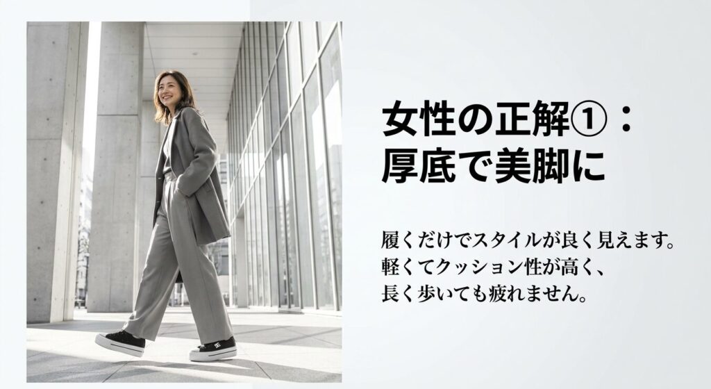 レディース向けDCシューズの厚底モデルは軽くてクッション性が高く、履くだけでスタイルアップや美脚効果が狙えることを解説するスライド