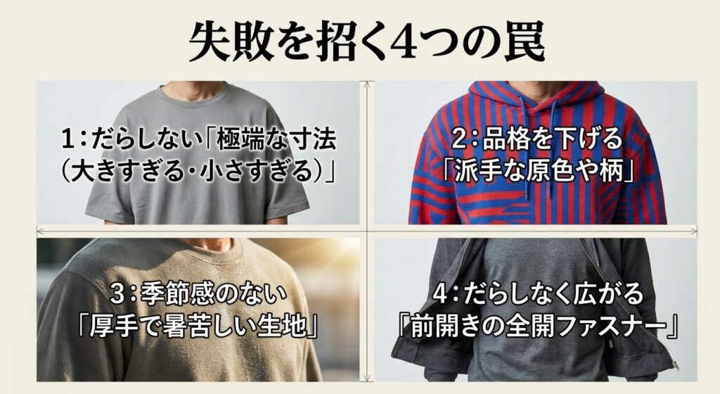 半袖パーカーで失敗を招く4つの罠(サイズ感、派手な色柄、暑苦しい素材、全開ファスナー)