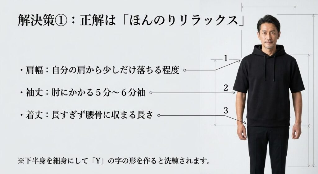 40代50代に似合う半袖パーカーの正解サイズ(肩幅・袖丈・着丈のバランス)