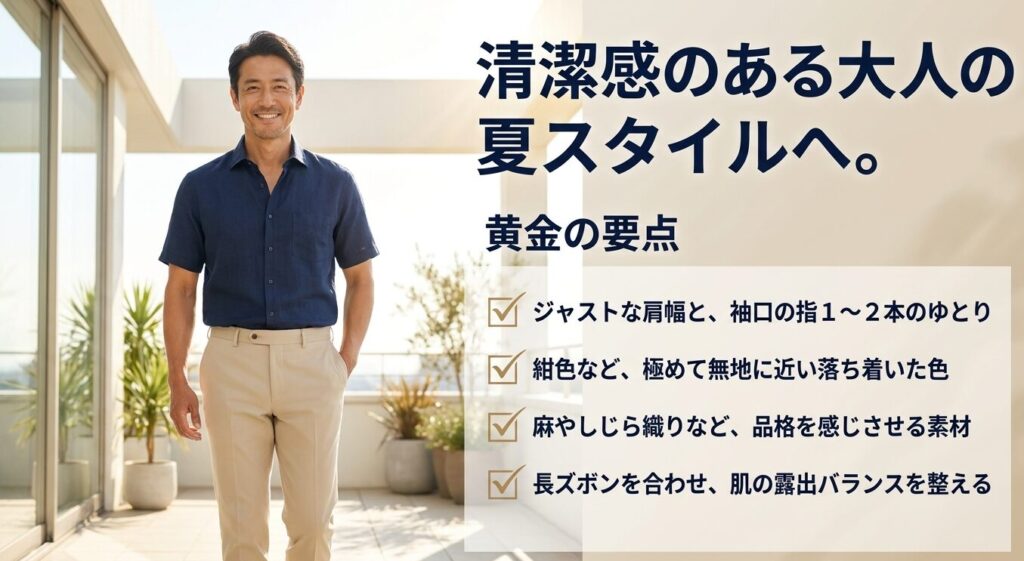 3つの法則で、大人の夏を自由に。寸法、色、生地。この要点を守れば、夏の装いはもっとかっこよくなります